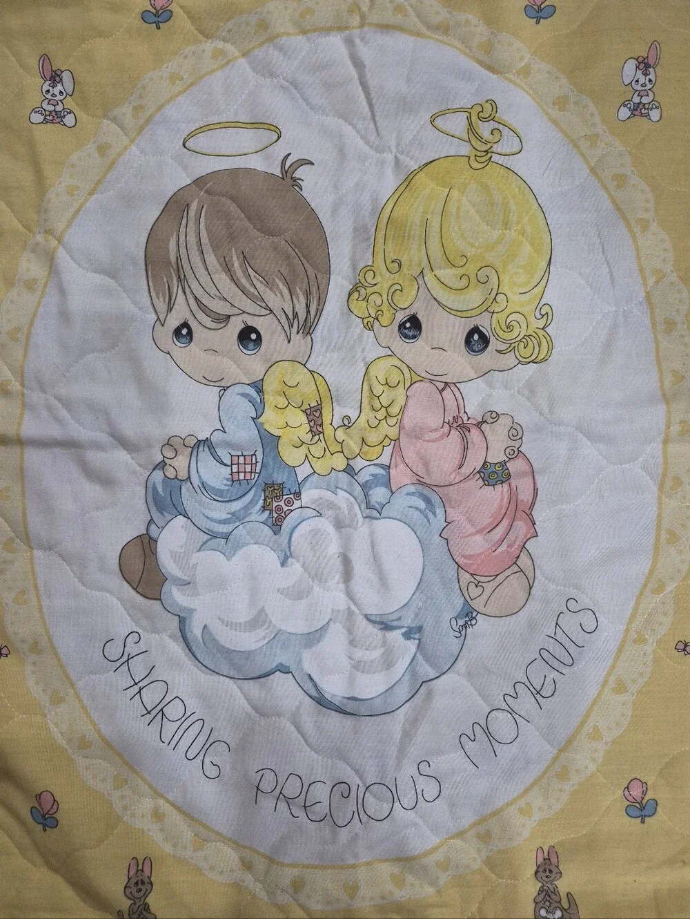 Vintage Precious Moments Baby Blanket Crib Quilt Lovey With Lace Trim